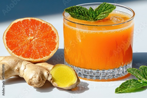 Refreshing Ginger and Orange Cocktail Garnished with Mint Leaves in Glass