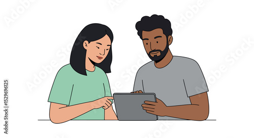 Collaborative teamwork with tablet for digital projects and planning vector illustration