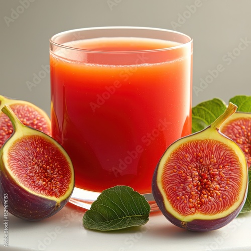 Fresh Fig Juice in a Glass Surrounded by Ripe Figs and Green Leaves