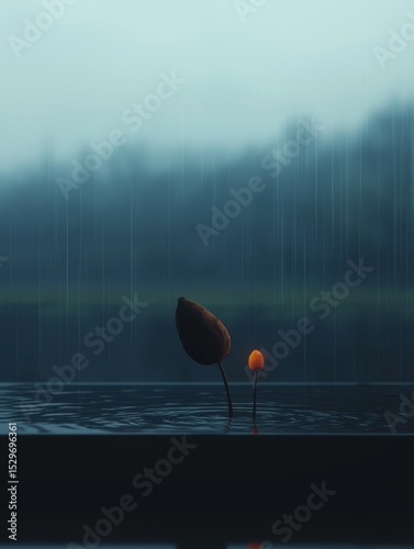 Single Leaf and Small Flower Emerging from Rainy Waters in a Gloomy Atmosphere