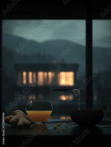 Serene Evening Scene with Ginger and Juice on Table by Window Overlooking Mountains