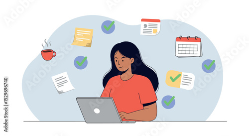Productive remote work setup with laptop and organizational tools for effective planning vector illustration