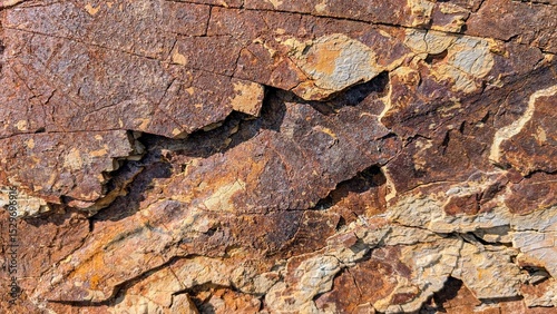 Close up view capturing a rough, oxidized rock surface, showcasing distinct layers and cracks that form an intricate, weathered texture reflecting the beauty of natural erosion