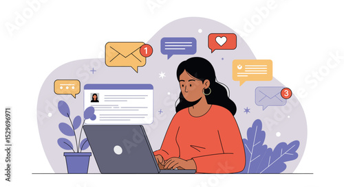 Woman managing email notifications on laptop for effective communication vector illustration