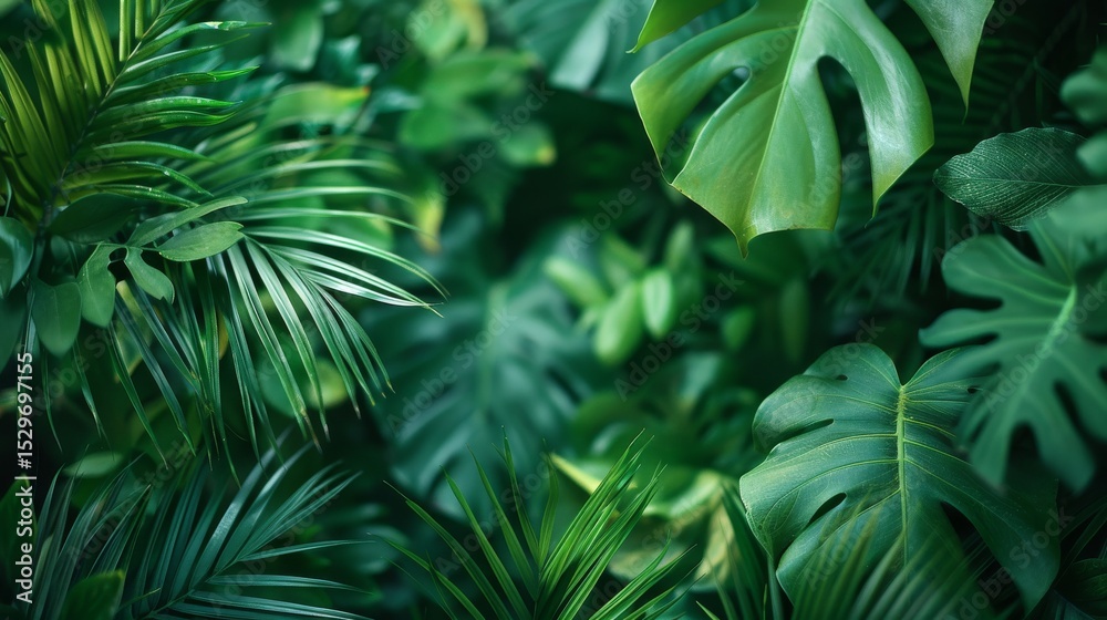Fototapeta premium A rich and vibrant collection of green leaves in a tropical setting evokes a sense of calm and connection to nature, presenting an oasis for relaxation and peace.