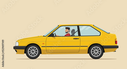 Yellow car with a driver is depicted in a side view illustration showcasing transportation and automotive design