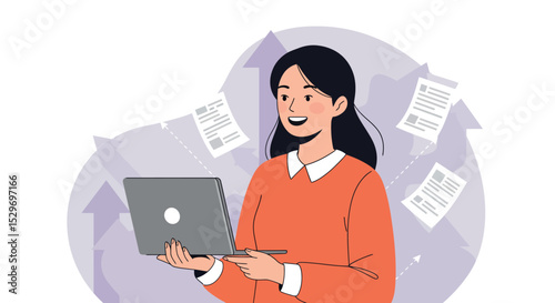 Businesswoman with laptop analyzing documents for productivity and success vector illustration