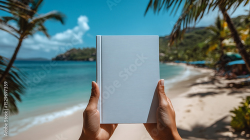 Fototapeta Naklejka Na Ścianę i Meble -  Hands holding blank book on tropical beach with ocean view (1)