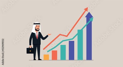 Business growth concept with arab businessman and rising graph for presentation and marketing vector illustration