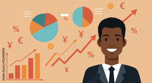 Business analyst with financial data charts and growth arrows for economic analysis design vector illustration