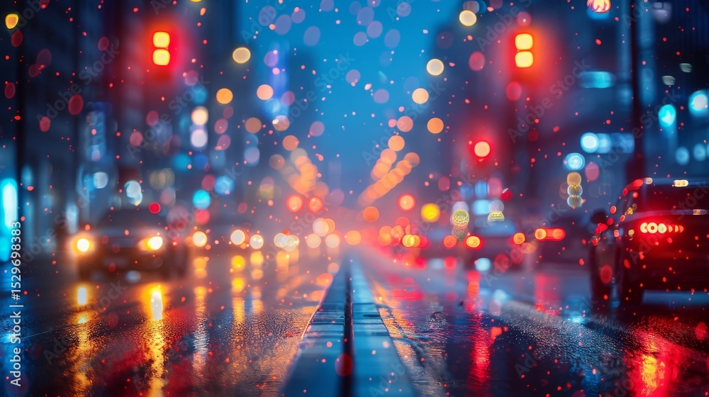 Fototapeta premium A captivating night scene of a bustling urban street, illuminated by colorful lights and reflections on a rain-soaked surface, evoking feelings of energy and excitement.