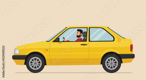 Yellow car with a driver is depicted in a side view illustration showcasing transportation and automotive design
