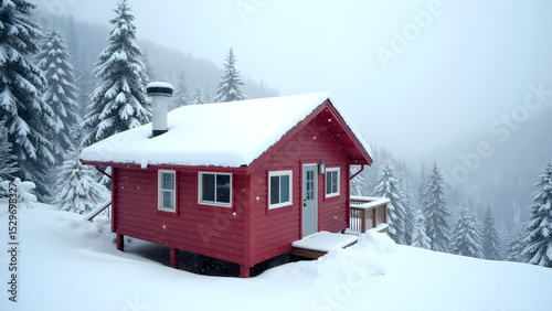 Cozy Red Cabin in Snow-Covered Mountain Landscape for Winter Getaway and Nature Retreat