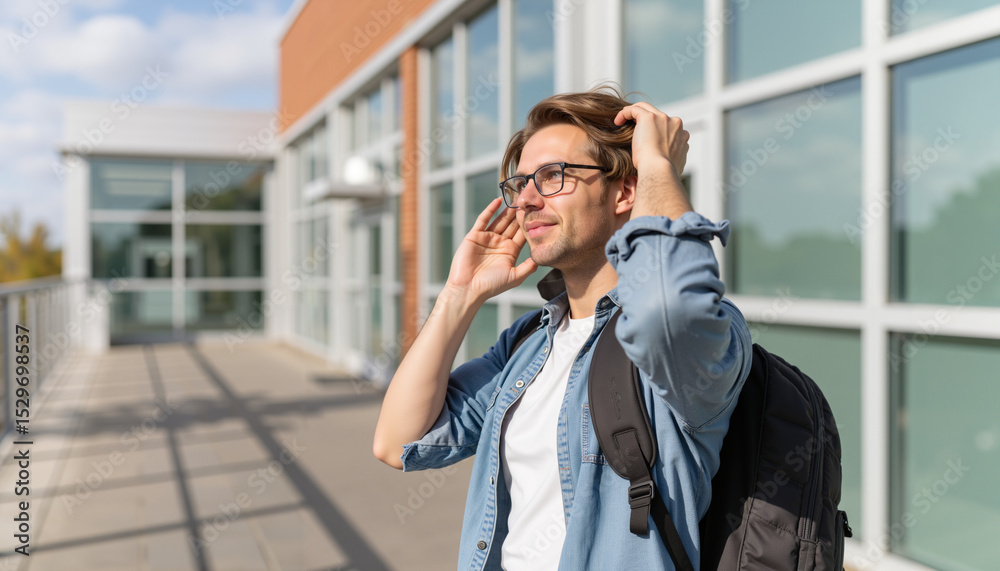 Young man enjoying music while standing outside a modern building Young man enjoying music while standing outside a modern building