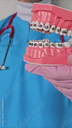 Dental professional demonstrates braces on model teeth for orthodontic education and patient understanding