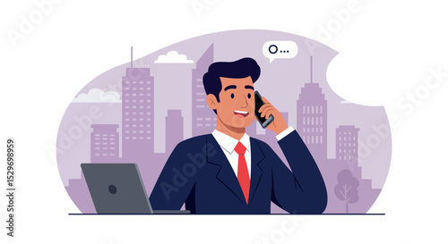 Businessman in suit making phone call with cityscape background for office communication design vector illustration
