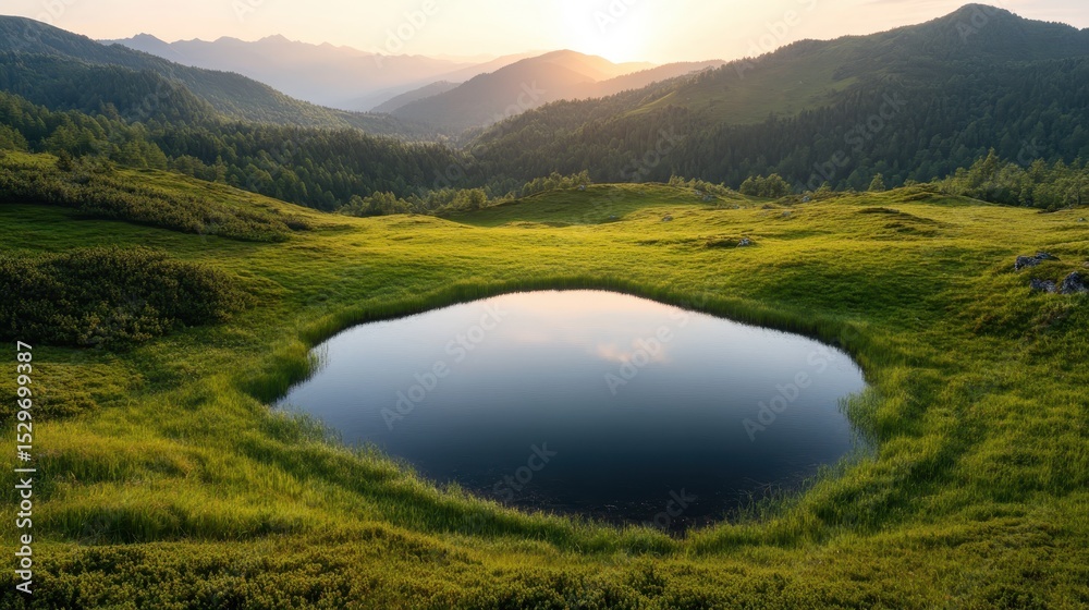 Fototapeta premium A tranquil mountain landscape featuring a still pond, surrounded by lush greenery, captures the quiet beauty of nature, evoking peace and a connection to the great outdoors.