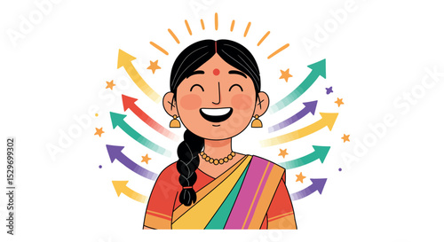 Joyful indian woman celebrating happiness with vibrant colors and symbols vector illustration