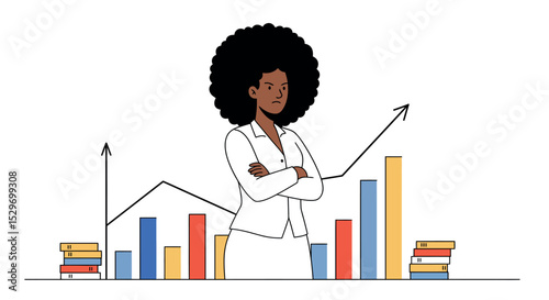 Confident businesswoman analyzing growth charts with books and graphs vector illustration