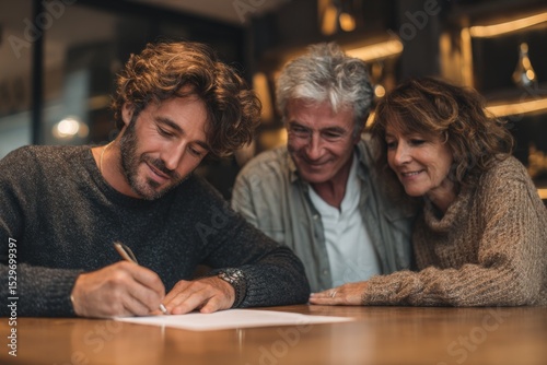 Man signs document with senior couple looking on at table indoors, agreement, testament, or paperwork occasion