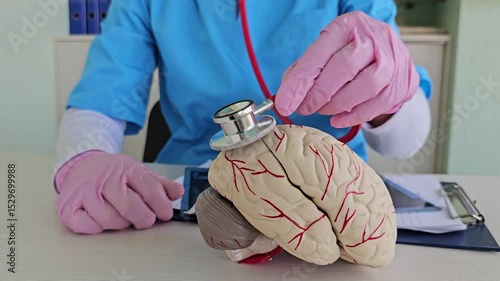 Health professional examines brain model with stethoscope in a clinical setting