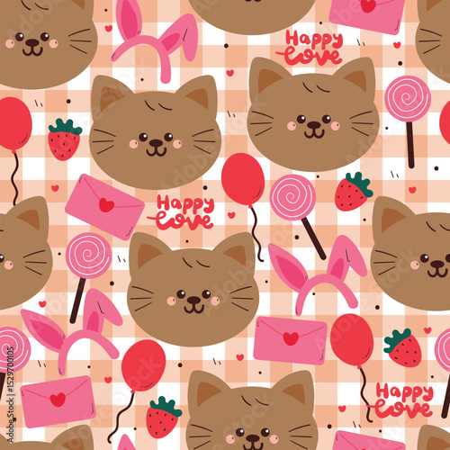 seamless pattern cute cartoon cat with cute valentine stuffs in pink checkered background. animal drawing for wallpaper and gift wrap paper