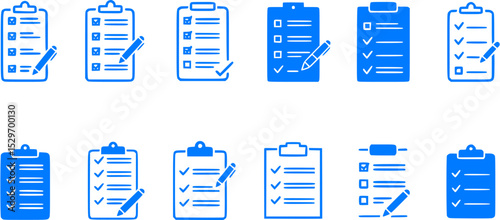 Clipboard checklist icon set. List with check marks and pen icons isolated on white background.