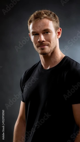Portrait of a handsome fair-skinned man in a black t-shirt with a slight grin against a dark gray studio backdrop, angled perspective.