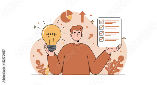 Innovative problem solving and task management concept with light bulb and checklist vector illustration