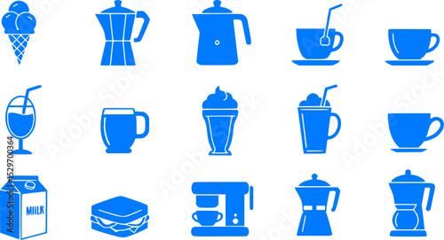 Blue Food and Drink Icons: Coffee, Tea, Ice Cream, and More