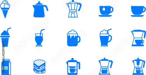 Blue Icon Set of Drinks and Food