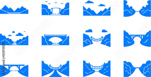 Set of Mountain Landscape and Bridge Vector Icons in Blue