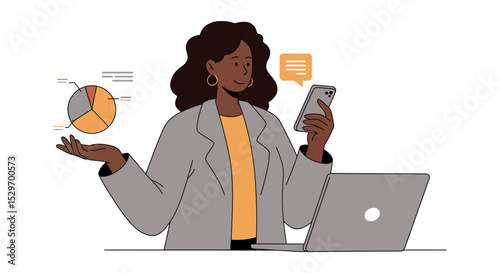 Businesswoman analyzing data and communicating via smartphone in office setting vector illustration