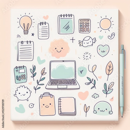 cute hand drawn vector doodle illustration of a set office and education icons
