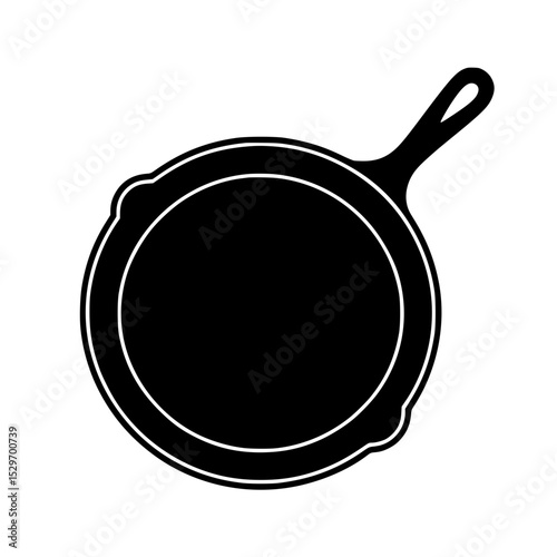 Black silhouette of a frying pan with handle viewed from above