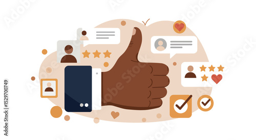 Positive feedback and social media engagement concept with thumbs up and icons vector illustration