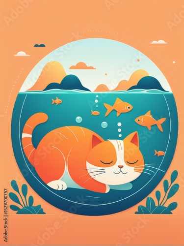 cartoon cat sitting on the sea.cartoon sea.