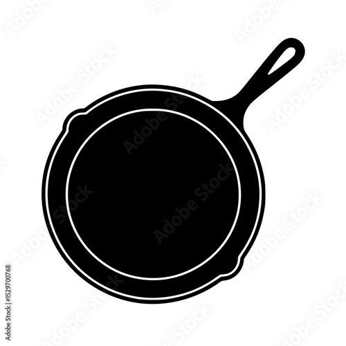 Black silhouette of a frying pan with handle viewed from above