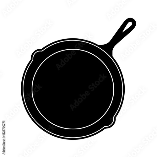 Black silhouette of a frying pan with handle viewed from above