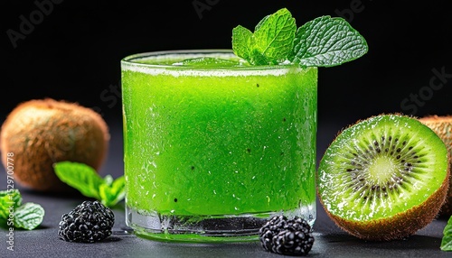 Refreshing Green Cocktail with Kiwi and Blackberry Garnish in a Glass
