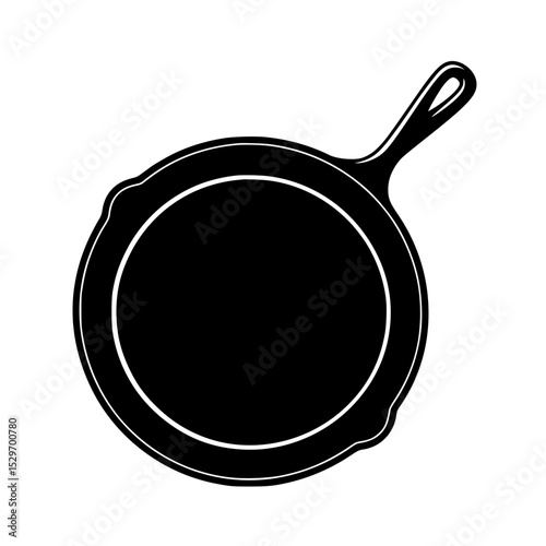 Black silhouette of a frying pan with handle viewed from above