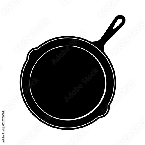 Black silhouette of a frying pan with handle viewed from above