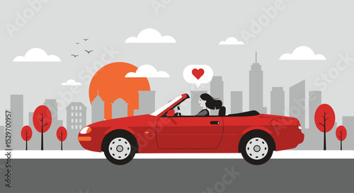 Woman enjoys a scenic drive in a red convertible with a heart bubble against a city skyline at sunset