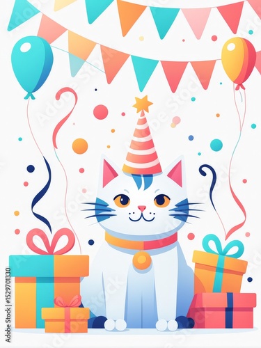 happy birthday party with cat and cake