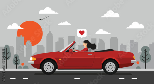 Woman enjoys a scenic drive in a red convertible with a heart bubble against a city skyline at sunset
