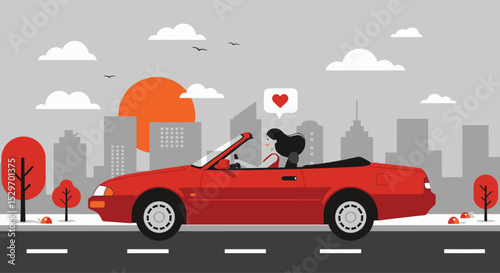 Woman enjoys a scenic drive in a red convertible with a heart bubble against a city skyline at sunset