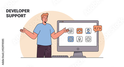 Developer support services with icons for communication and technology vector illustration