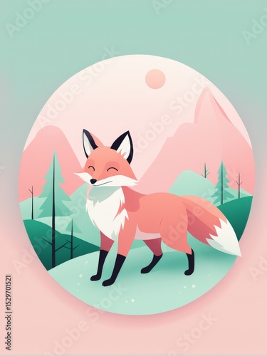 vector cartoon illustration, cute fox in the forest.vector forest.