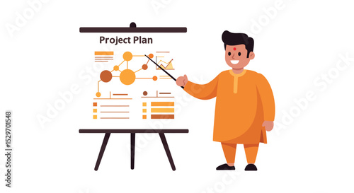Cartoon character presenting project plan for business strategy design vector illustration