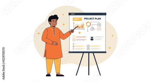 Business professional presenting project plan on chart for effective strategy development vector illustration
